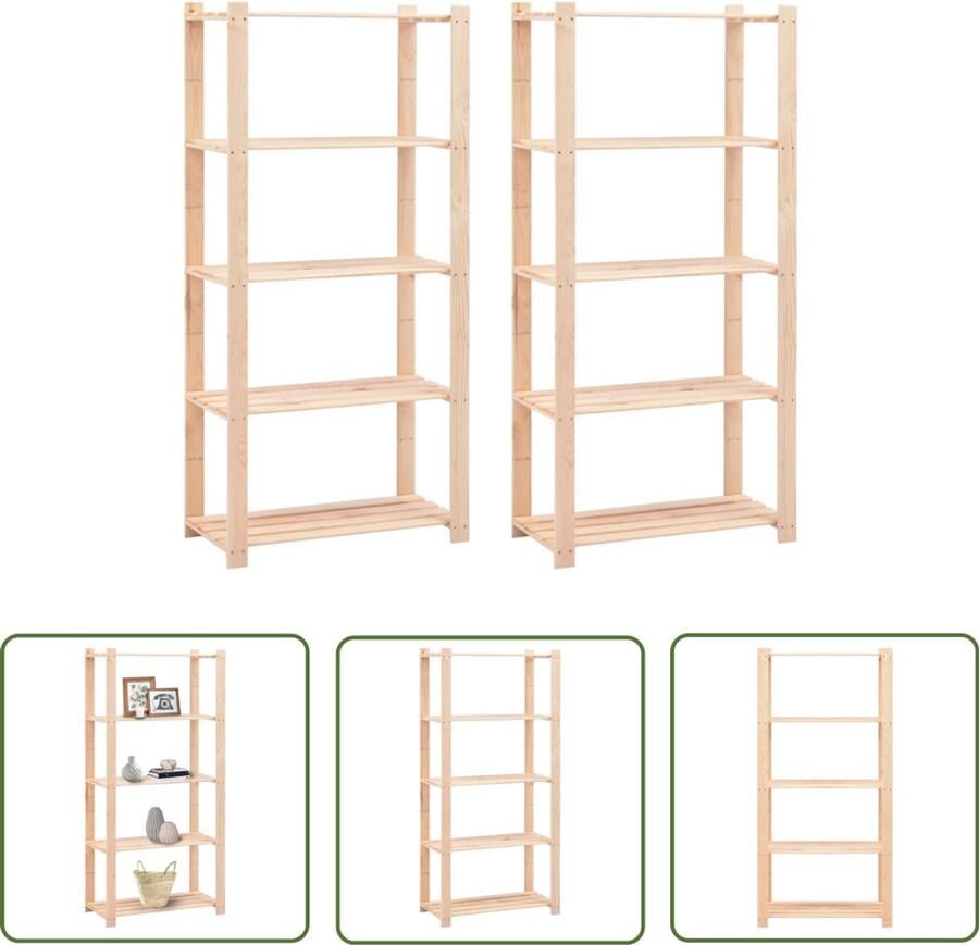VidaXL Opbergrekken 5-laags 2 st 80x38x170 cm grenenhout 250 kg Opslagrekken Houten Opbergkast Grenenhout Bergruimte Kast