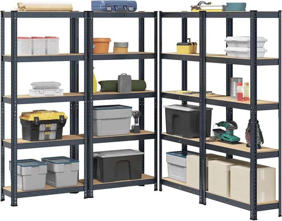 VidaXL Opbergrekken 5-laags 4 stuks Antraciet Garage Opslag Industriele Opslag Metalen Rek Houten Plank Opbergkast