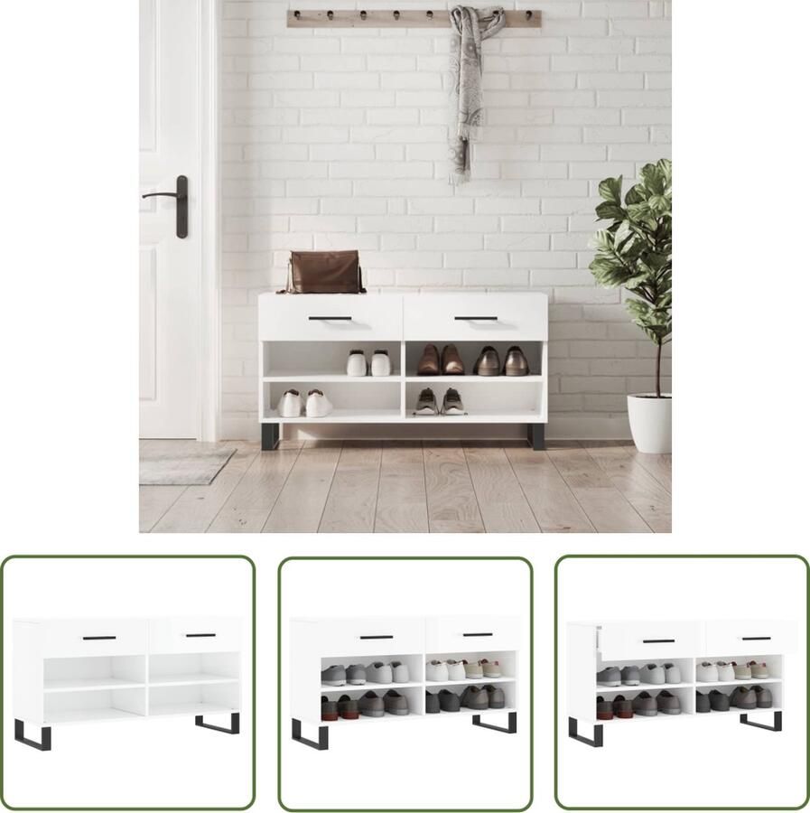 The Living Store Schoenenbank Opbergruimte 102 x 35 x 55 cm Hoogglans Wit Schoenenbank Schoenuitlegers Opbergruimte Houten Bank Witte Bank - Foto 5