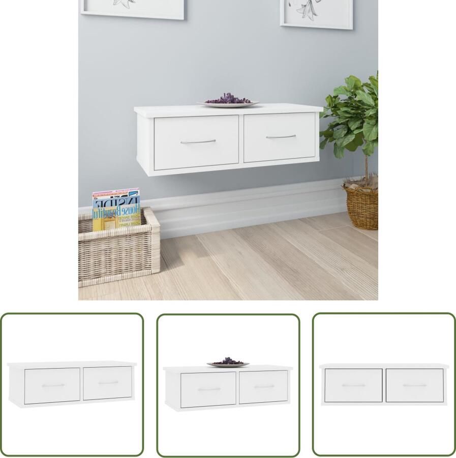 The Living Store Wandschap met lades 60x26x18 5 cm bewerkt hout wit Wandplanken Houten Planken Opbergkast Bergruimte Woonaccessoires