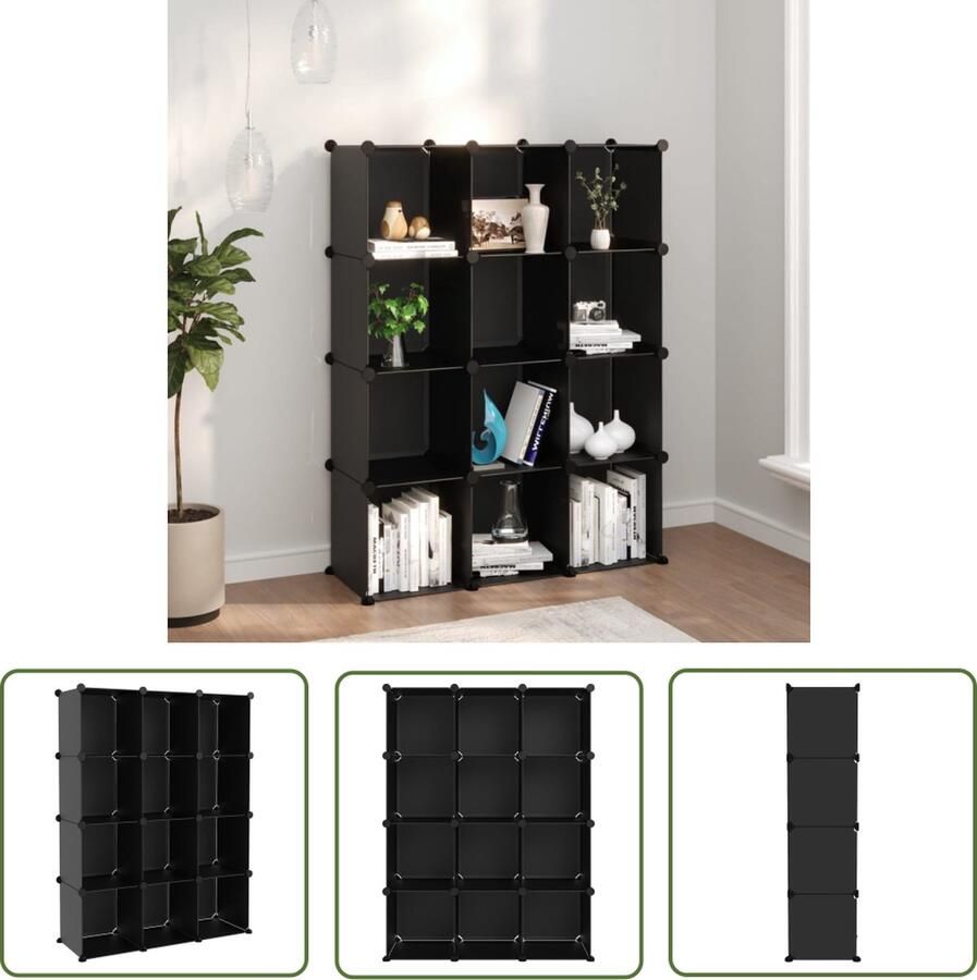 The Living Store Opbergrek Kunststof Zwart 94.5 x 31.5 x 123 cm 12 opbergvakken Opbergmeubel Opbergsysteem Plastic Kast Zwarte Opbergbox Multifunctionele Opbergers - Foto 2