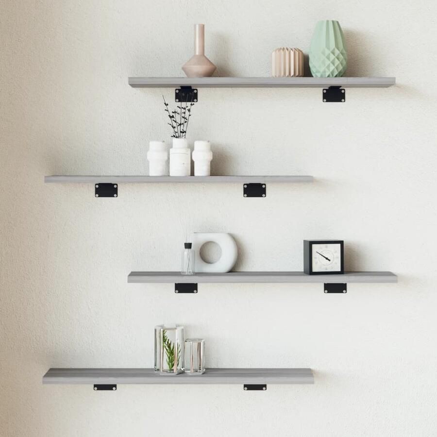 The Living Store Wandschappen 4 st 60x10x1 5 cm bewerkt hout grijs sonoma eiken Zwevende Wandplanken Wanddecoratie Opbergruimte Badkamer Accessoires Keukenaccessoires