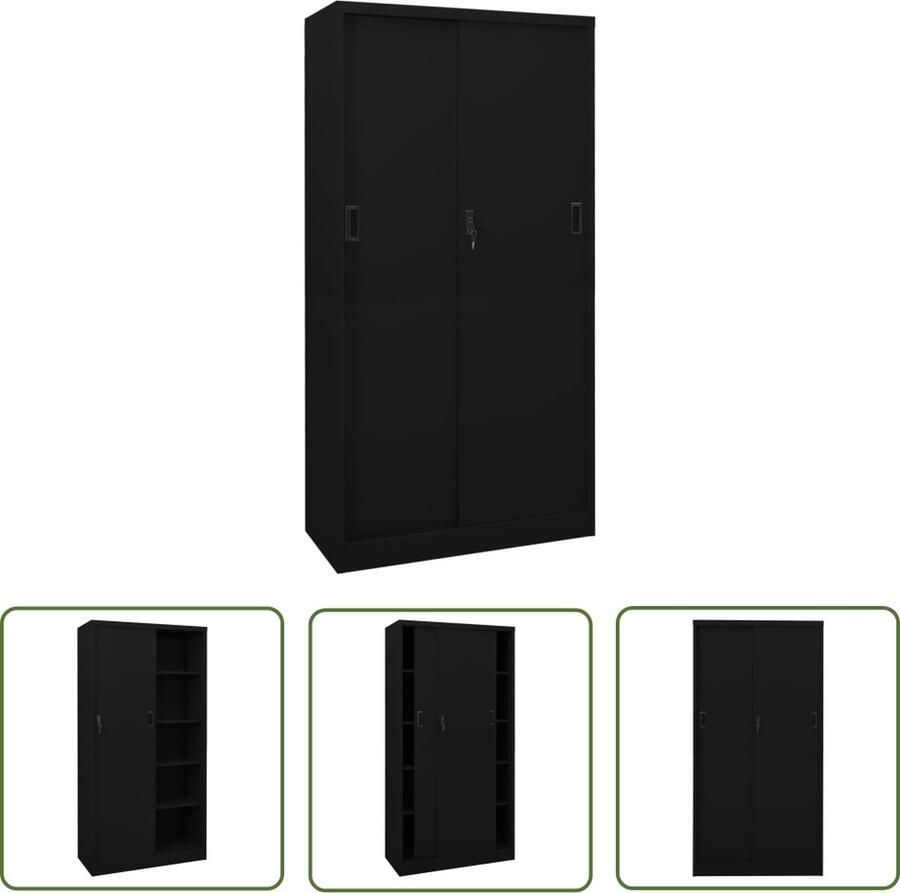 The Living Store Kantoorkast met schuifdeuren 90x40x180 cm staal zwart Kantoor Kast Opslag Kast Metalen Kast Zwarte Kast Schuivende Deur