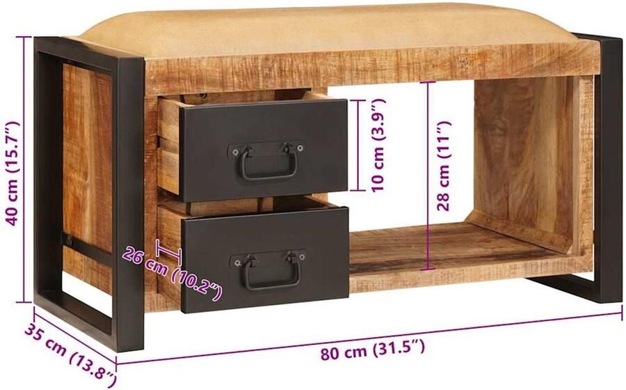 VidaXL Opslagbank met lade Bruin 80 x 35 x 40 cm Massief mangohout