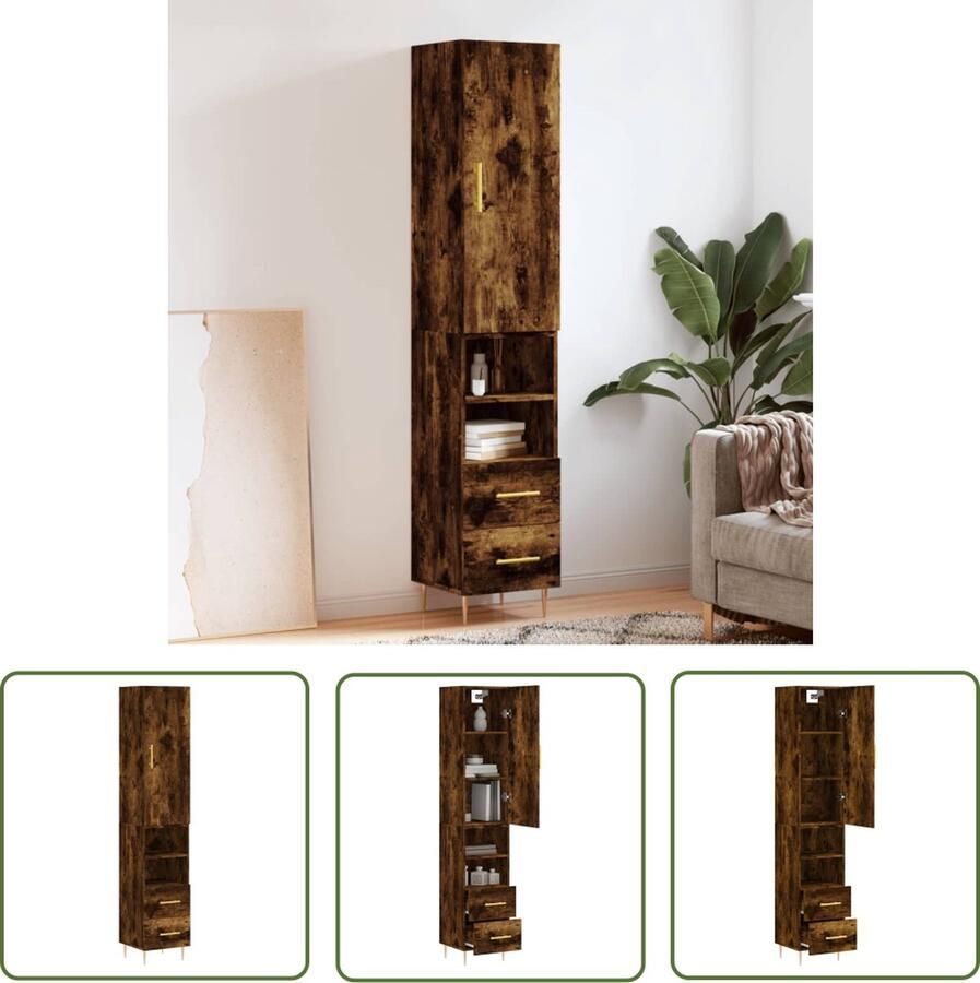 The Living Store Hoge kast 34 5x34x180 cm bewerkt hout gerookt eikenkleurig Hoge Kast Houten Kast Opbergkast Kast Met Deuren Vintage Kast - Foto 4