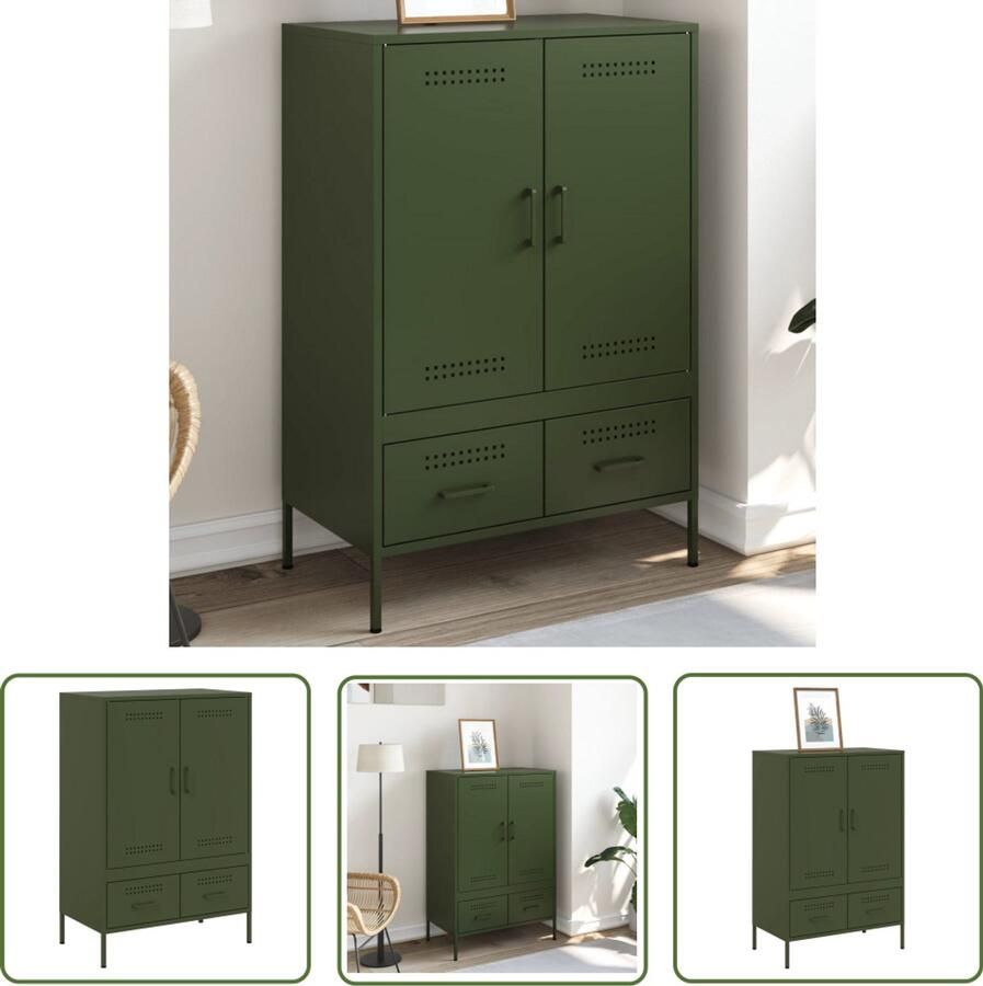 The Living Store Hoge kast 68x39x101 5 cm staal olijfgroen Hoge Kast Industrieel Design Olijfgroene Kast Stalen Kast Opbergkast
