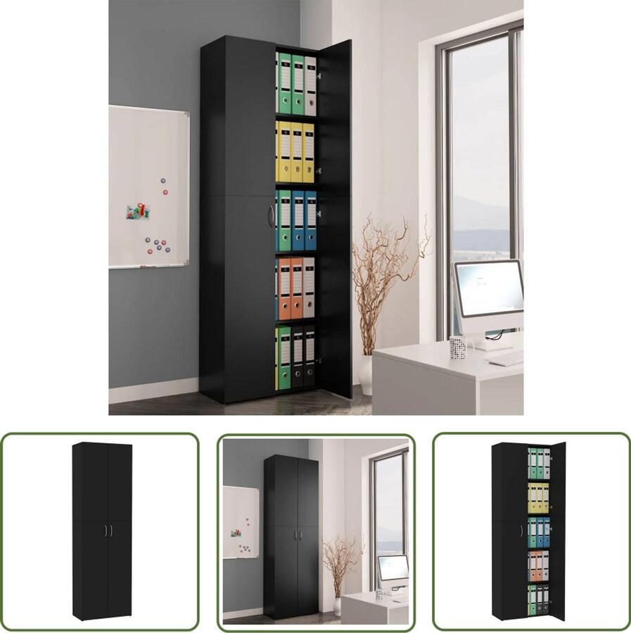 The Living Store Opbergkast Zwart 60 x 32 x 190 cm Met 5 schappen en 2 deuren Kantoor Kast Opslagkast Boekenkast Houten Kast Zwarte Kast - Foto 2