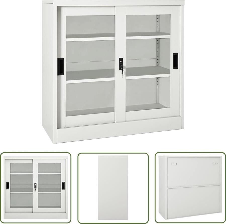 The Living Store Roldeurkast Lichtgrijs Staal Glas 90x40x90 cm Schuifdeuren Verstelbare schappen Slot Rolladeurs Opslagkast Kantoormeubilair Metalen Kast Glazen Kast - Foto 2