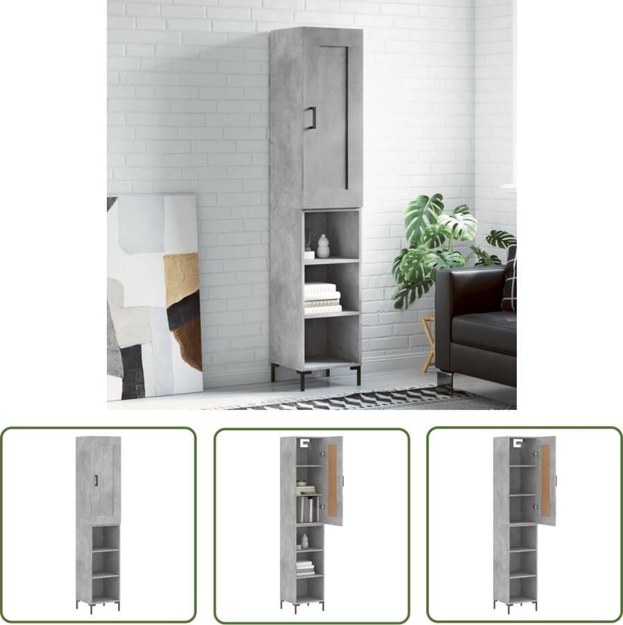 The Living Store Hoge kast 34 5x34x180 cm bewerkt hout betongrijs Hoge Kast Opbergkast Betonnen Kast Houten Kast Living Room Furniture