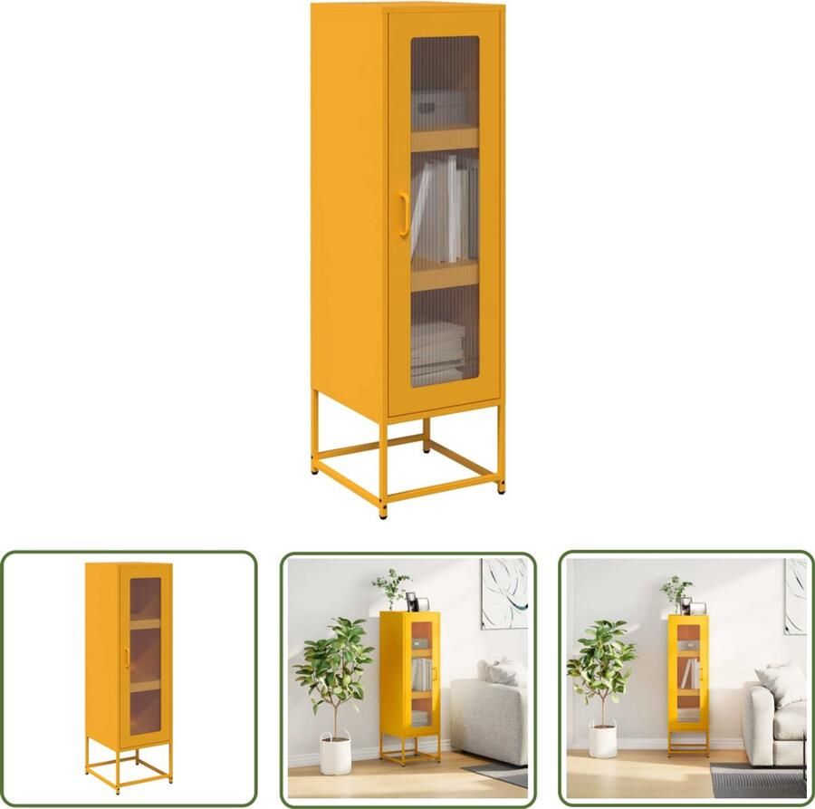 The Living Store Hoge kast 36x39x123 cm koudgewalst staal mosterdgeel Hoge Kast Keukenopslag Entreetafel Vintage Kast Mustard Kleur