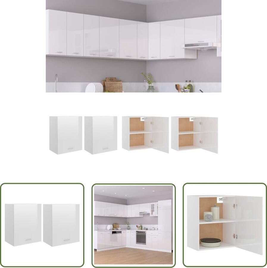 The Living Store Hangkasten Lyon 2 st 50x31x60 cm bewerkt hout hoogglans wit Keukenopbergkast Hangkast Opslagruimte Keukenmeubilair Kookeiland