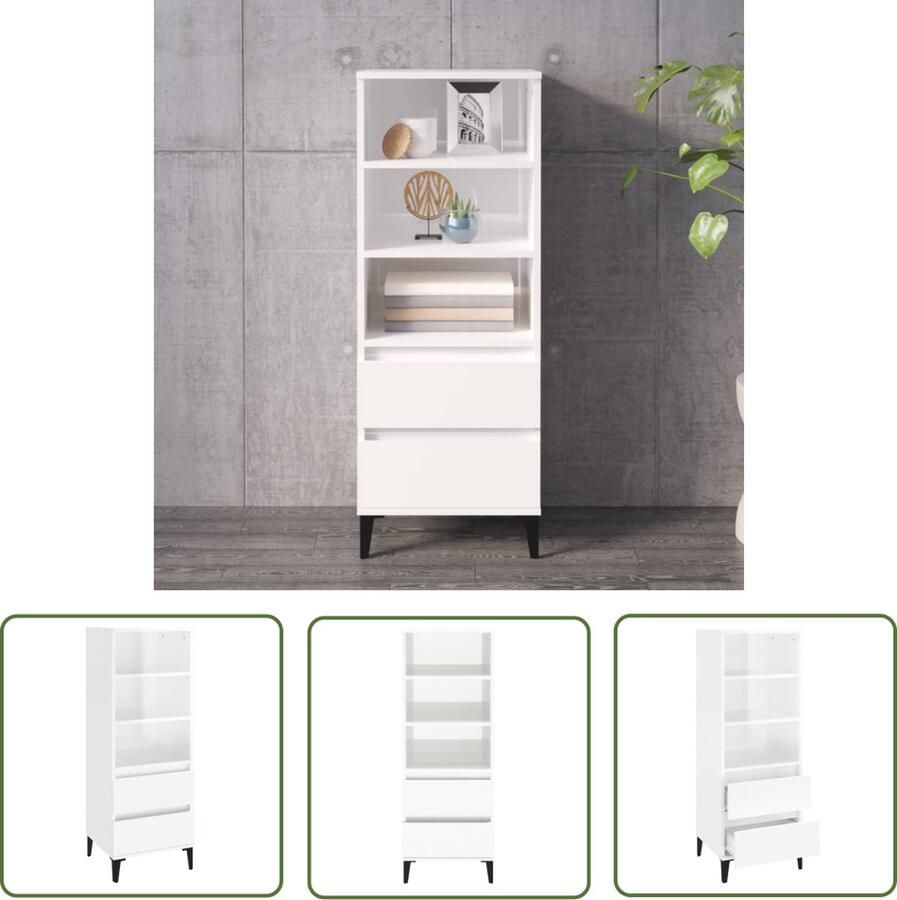 The Living Store Hoge kast 40x36x110 bewerkt hout hoogglans wit Bijzettafel Houten Kast Witte Kast Opslagkast Keukenkast