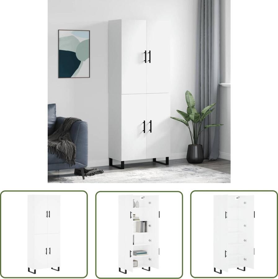 The Living Store Opbergkast Hoge Kast Wit 69.5 x 34 x 180 cm Duurzaam materiaal Voldoende opbergruimte Praktische deuren Metalen voeten Montage vereist