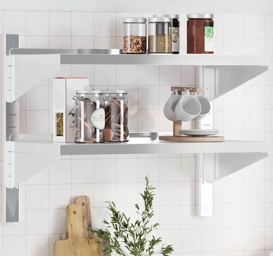 The Living Store Wandschap 2-laags 75x40x60 cm roestvrijstaal zilverkleurig Zwevend Wandschap Roestvrijstalen Wandrek Wandplanken Opbergruimte Woonaccessoires