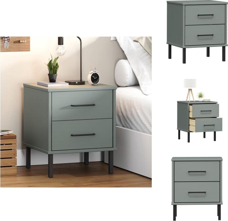 VidaXL Nachtkastje Nachtkastjes Nacht Kastje Nacht Kastjes Nachtkastje met metalen poten OSLO massief grenenhout grijs - Foto 2