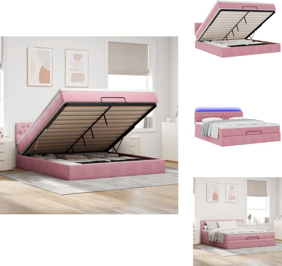 VidaXL Ottomaanse Bed Ottomaanse Bedden Bedframe Met Opbergruimte Bed poef met matras en LED's 180x200 cm fluweel roze