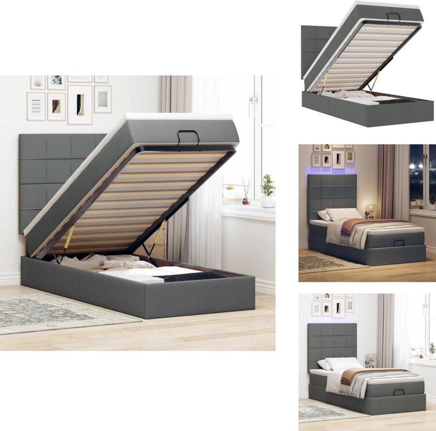 VidaXL Ottomaanse Bed Ottomaanse Bedden Bedframe Met Opbergruimte Bed poef met matras en LED's 90x200 cm stof donkergrijs