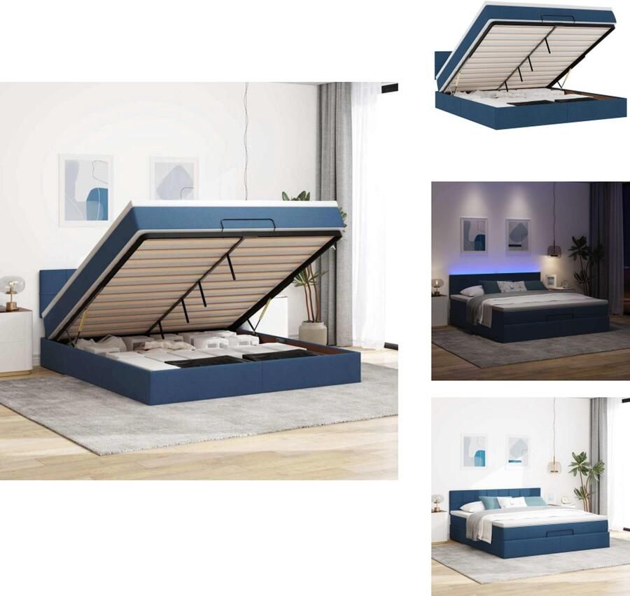 VidaXL Ottomaanse Bed Ottomaanse Bedden Bedframe Met Opbergruimte Bed poef met matras en LED's 180x200 cm stof blauw