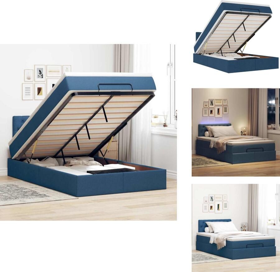 VidaXL Ottomaanse Bed Ottomaanse Bedden Bedframe Met Opbergruimte Bed poef met matras en LED's 120x190 cm stof blauw