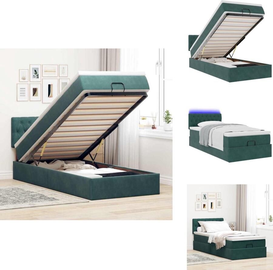 VidaXL Ottomaanse Bed Ottomaanse Bedden Bedframe Met Opbergruimte Ottoman bed met matras en LED's 100x200 cm fluweel donkergroen