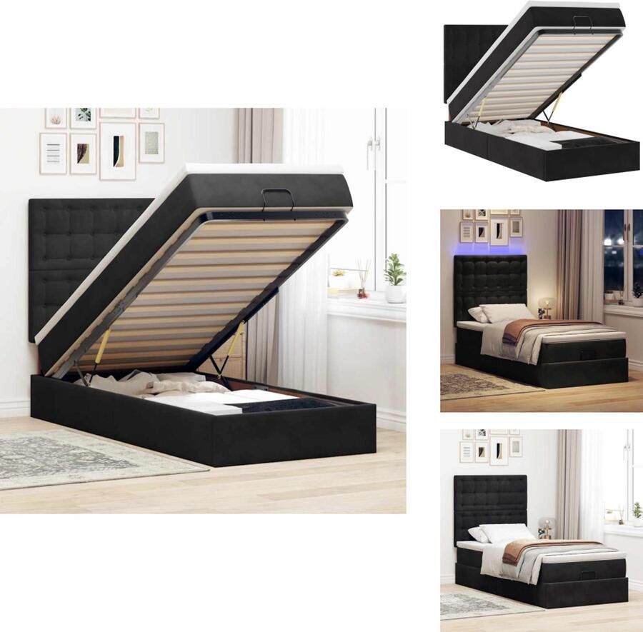 VidaXL Ottomaanse Bed Ottomaanse Bedden Bedframe Met Opbergruimte Ottoman bed met matrassen en LED's 100x200cm fluweel zwart