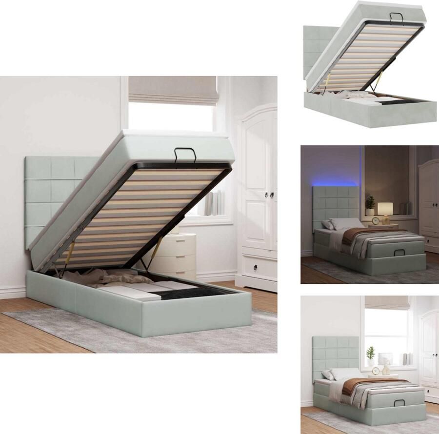 VidaXL Ottomaanse Bed Ottomaanse Bedden Bedframe Met Opbergruimte Ottoman bed met matrassen en LED's 100x200cm fluweel lichtgrijs