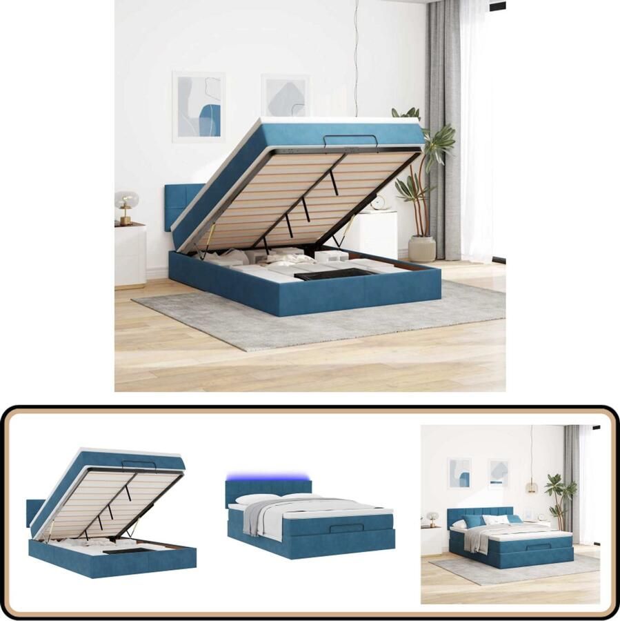 VidaXL Ottoman bed 140x190 cm Fluweel LED Blauw Bed Frame Boxspring Ottoman Bed Tweepersoonsbed Led Verlichting