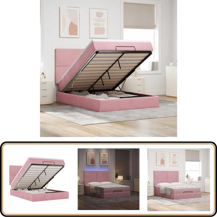 VidaXL Ottoman bed 140x190cm Fluweel roze LED Bed Frame Ottoman Bed Tweepersoonsbed Boxspring Bed Led Bed