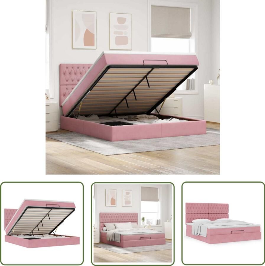 The Living Store Ottoman bed met matrassen 160x200cm fluweel roze Ottoman Bed Tweepersoons Bed Velvet Bed Roos Kleurig Bed Boxspring Bed