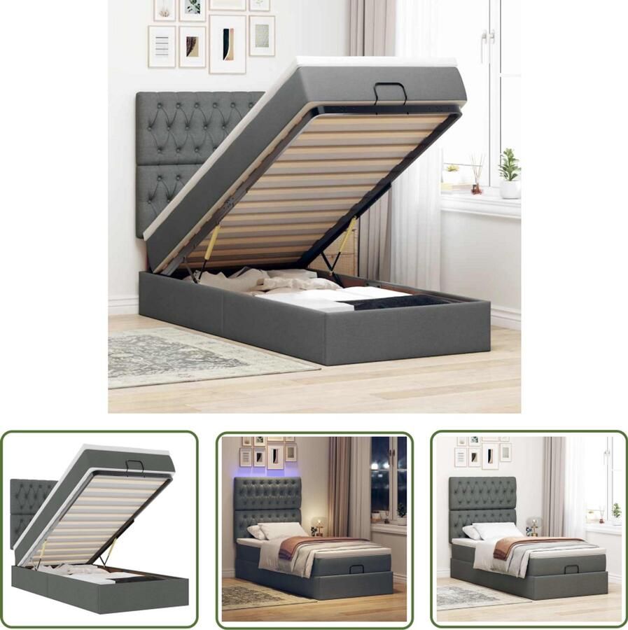 The Living Store Bed poef met matras en LED's stof 80x200 cm donkergrijs Poefbed Ottoman Bed Boxspring Bed Tweepersoons Bed Stapelbed