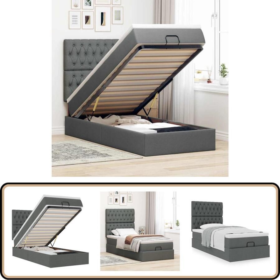 VidaXL Ottoman Bed 90x200cm met Matras Donkergrijs Ottoman Bed Boxspringbed Tweepersoonsbed Donkere Kleuren Modern Design Slaapcomfort Opbergruimte Eenvoudig Te Monteren Stof Bed Frame Metalen Bed Frame Houten Bed Frame