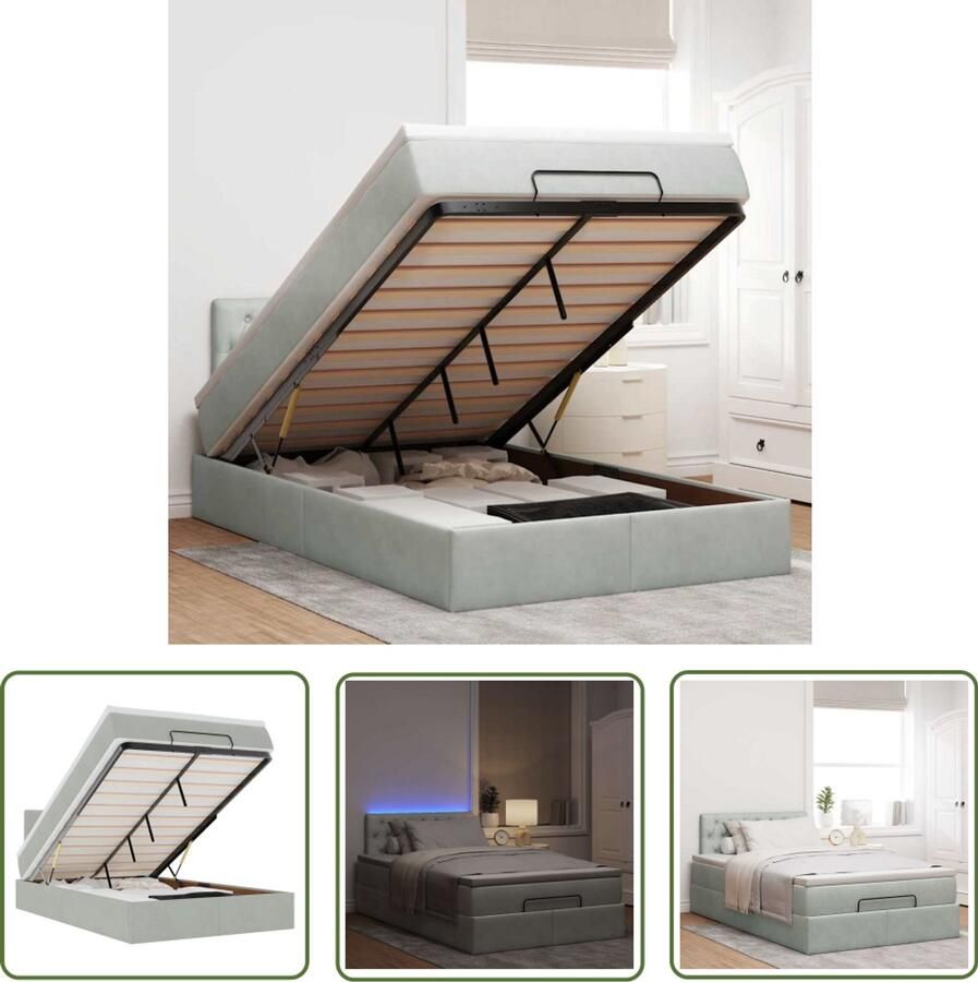 VidaXL Ottoman Bed Bedpoef Bed poef met matras en LED's 120x190 cm fluweel lichtgrijs Boxspring Tweepersoonsbed Slaapbank
