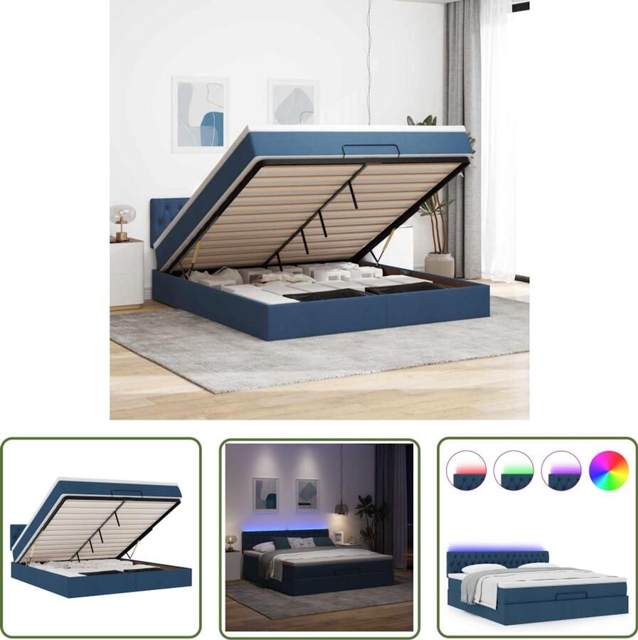VidaXL Ottoman Bed Bedpoef Bed poef met matras en LED's 180x200 cm stof blauw Boxspring Tweepersoonsbed Led Lampen
