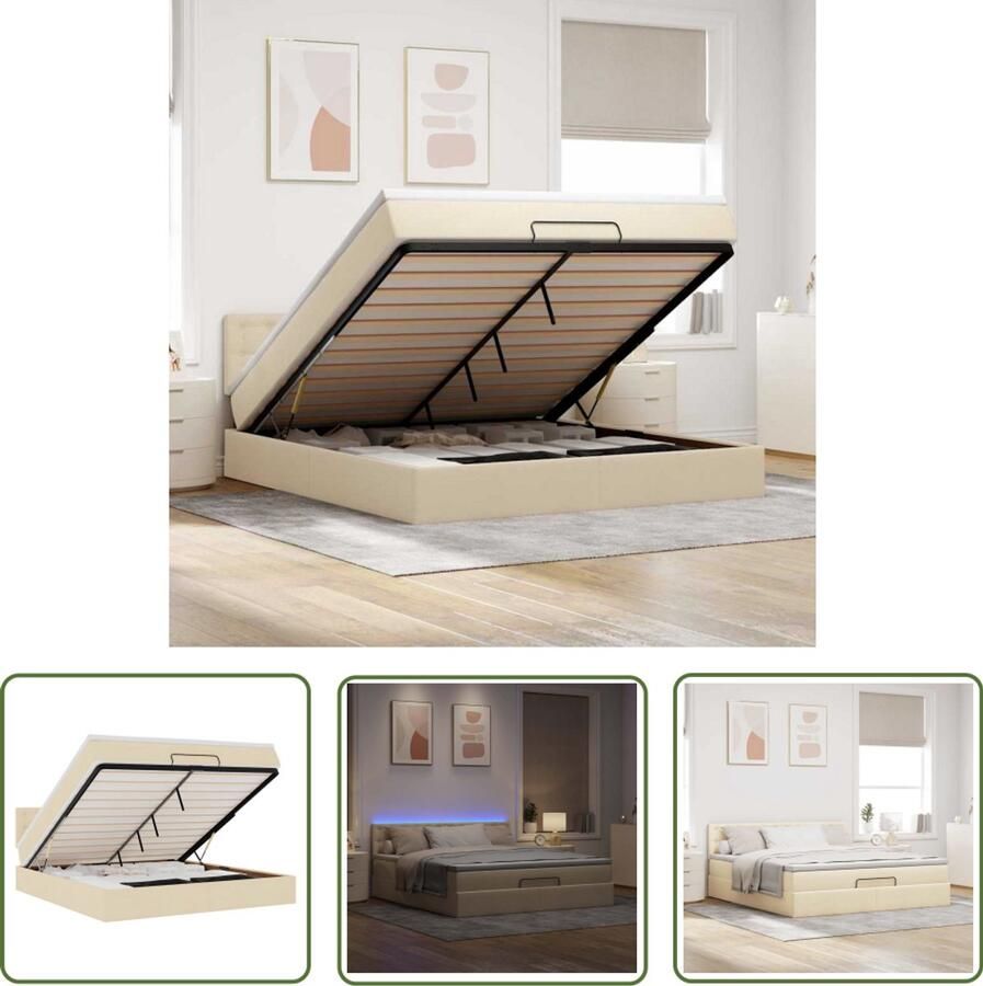 VidaXL Ottoman Bed Bedpoef Bed poef met matras en LED's 180x200 cm stof crèmekleurig Boxspring Led Verlichting Opbergbed