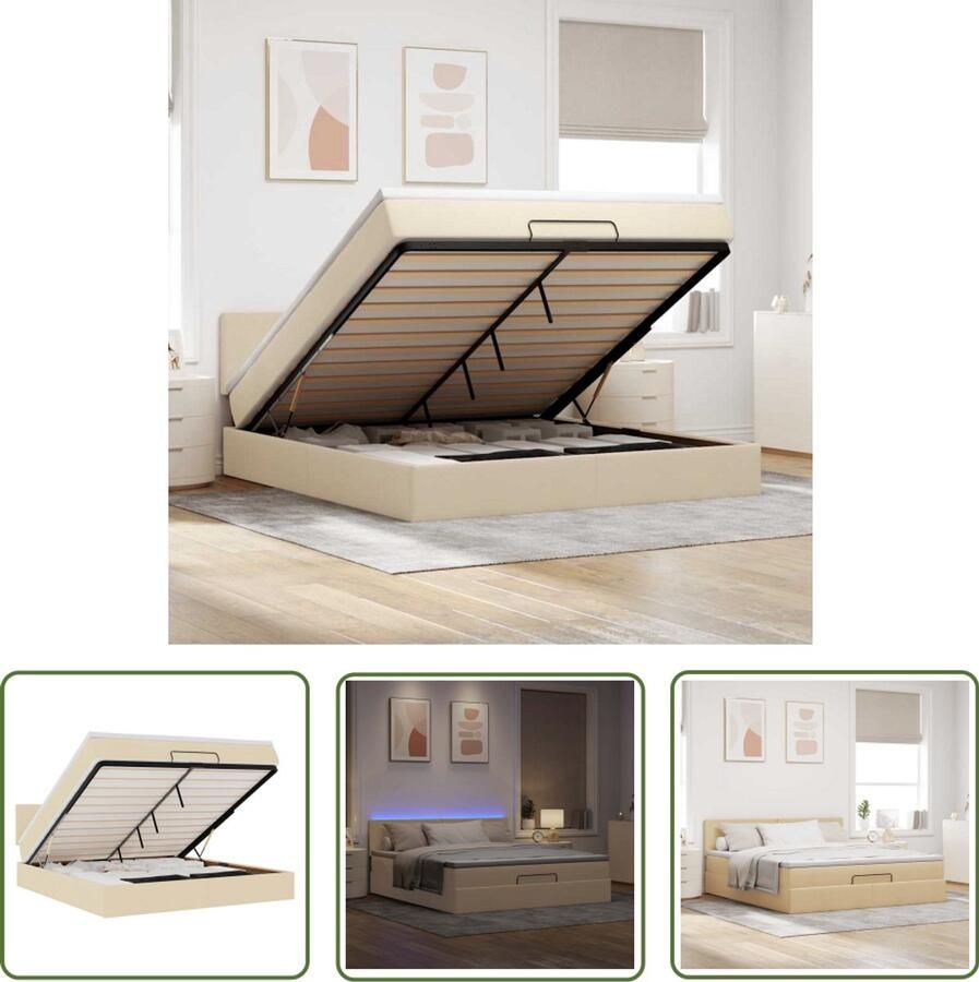 VidaXL Ottoman Bed Bedpoef Bed poef met matras en LED's 180x200 cm stof crèmekleurig Boxspring Led Lamp Slaapbank