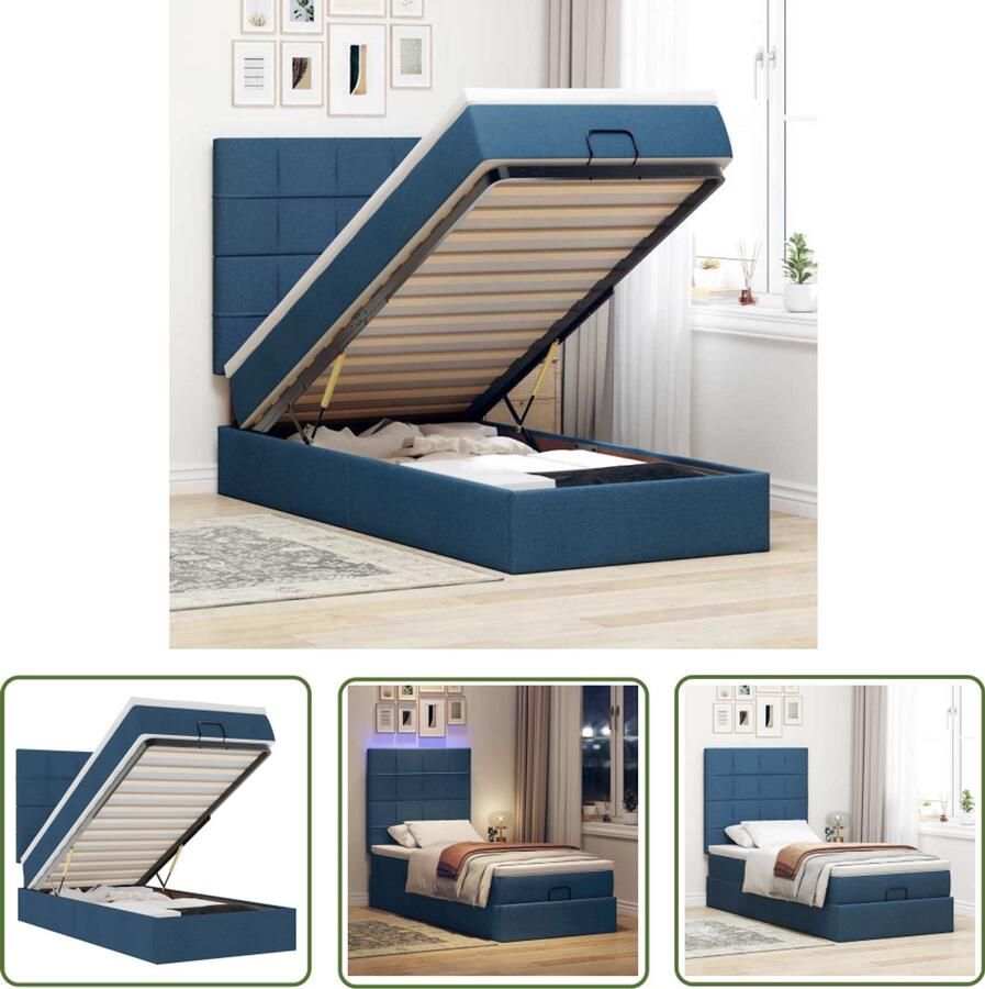VidaXL Ottoman Bed Bedpoef Bed poef met matras en LED's 90x200 cm stof blauw Slaapbank Boxspring Led Lamp