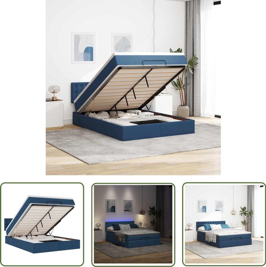 VidaXL Ottoman Bed Bedpoef Bed poef met matras en LED's stof 140x190 cm blauw Slaap Bank Led Lamp Boxspring