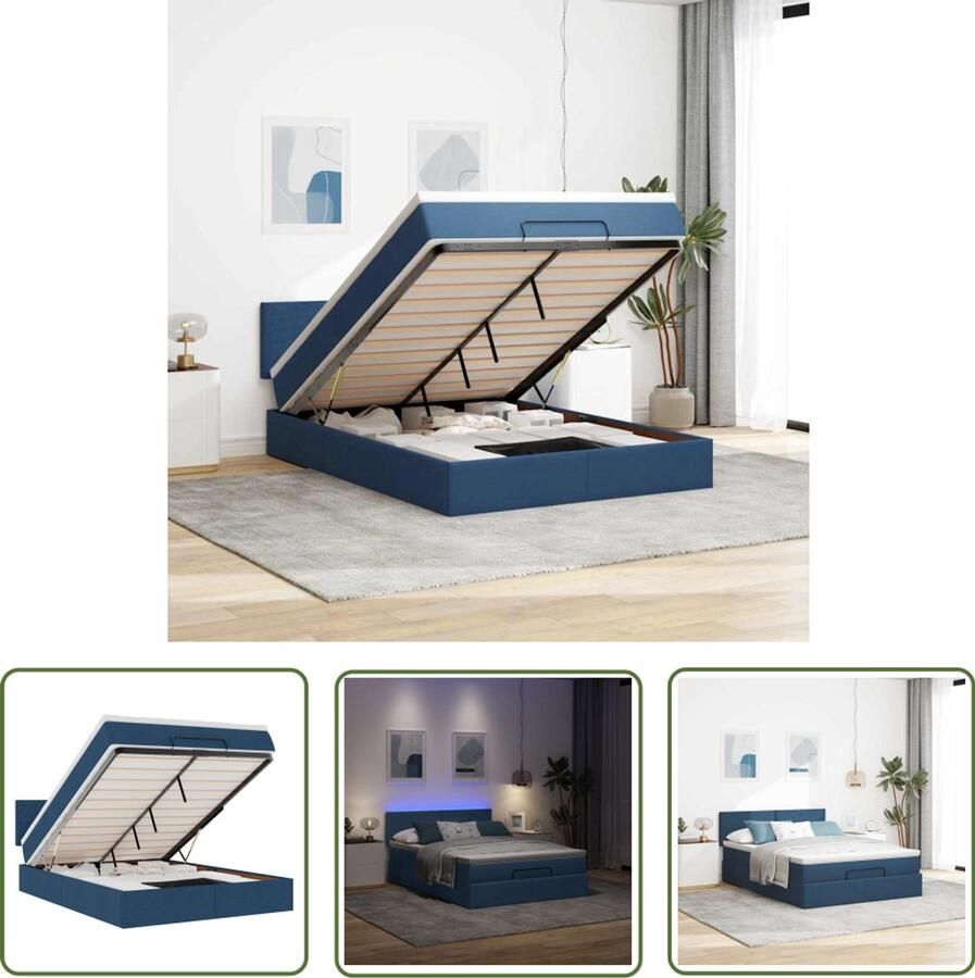 VidaXL Ottoman Bed Bedpoef Bed poef met matras en LED's stof 140x190 cm blauw Slaapbank Led Verlichting Opbergruimte