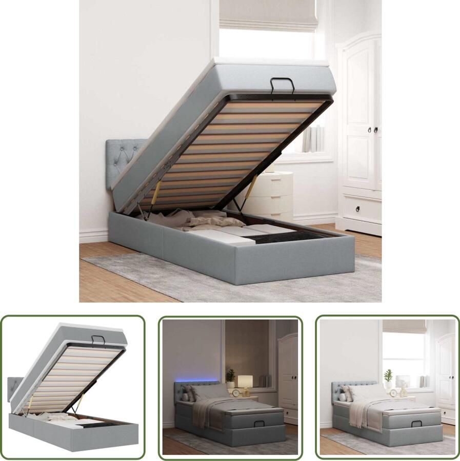 VidaXL Ottoman Bed Bedpoef Bed poef met matras en LED's stof 80x200 cm lichtgrijs Slaapbank Boxspring Led Lamp