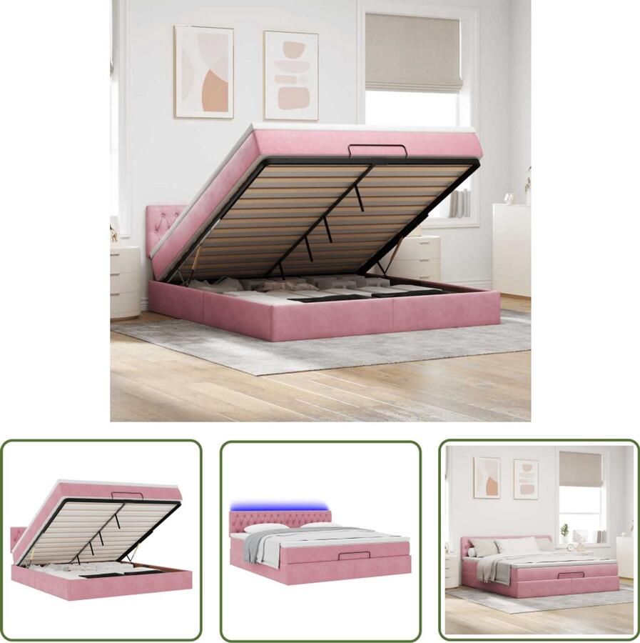 The Living Store Bed poef met matras en LED's 180x200 cm fluweel roze Comfortabel Bed Ottoman Bed Boxspring Bed Tweepersoons Bed Kingsize Bed