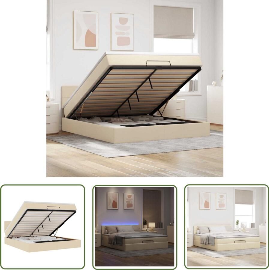 VidaXL Ottoman Bed Kofferbed Ottoman bed met matras en LED's 160x200cm stof crèmekleurig Boxspring Tweepersoonsbed Stapelbaar Bed