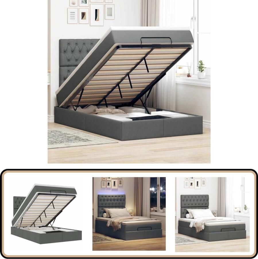 VidaXL Ottoman bed met LED's 120x200 cm donkergrijs Ottoman Bed Boxspring Bed Tweepersoonsbed Led Lamp Opbergruimte