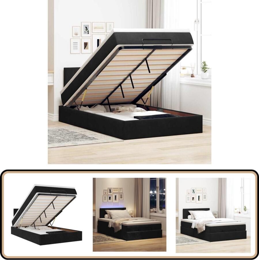 VidaXL Ottoman Bed met Matras en LED's 120x190 cm Zwart Ottoman Bed Boxspringbed Tweepersoonsbed Hoofdbord Led Verlichting Opbergruimte Velvet Bed Slaapcomfort Trendy Bed Minimalistisch Bed Bedroom Furniture