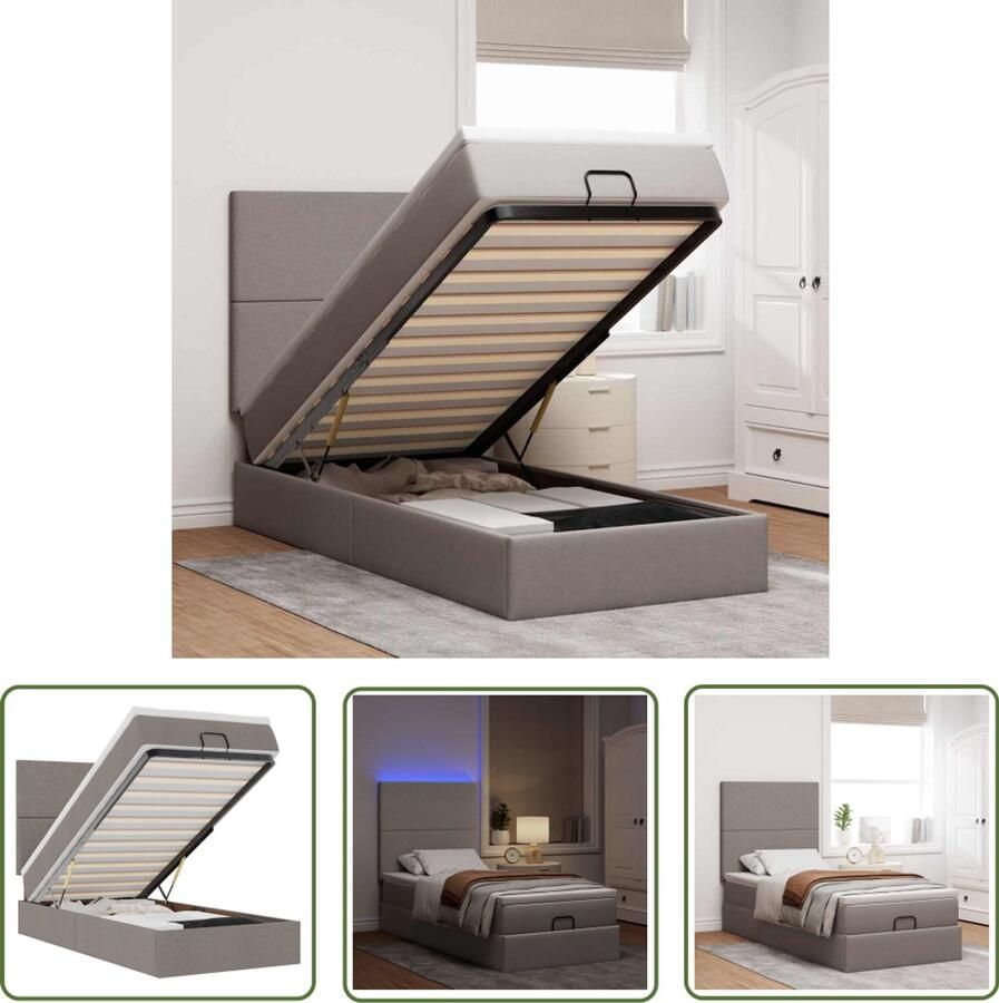 VidaXL Ottoman bed met matras en LED's 90x190cm stof taupe Ottomanbed Boxspring Led Lampen Slaapcomfort Opbergruimte