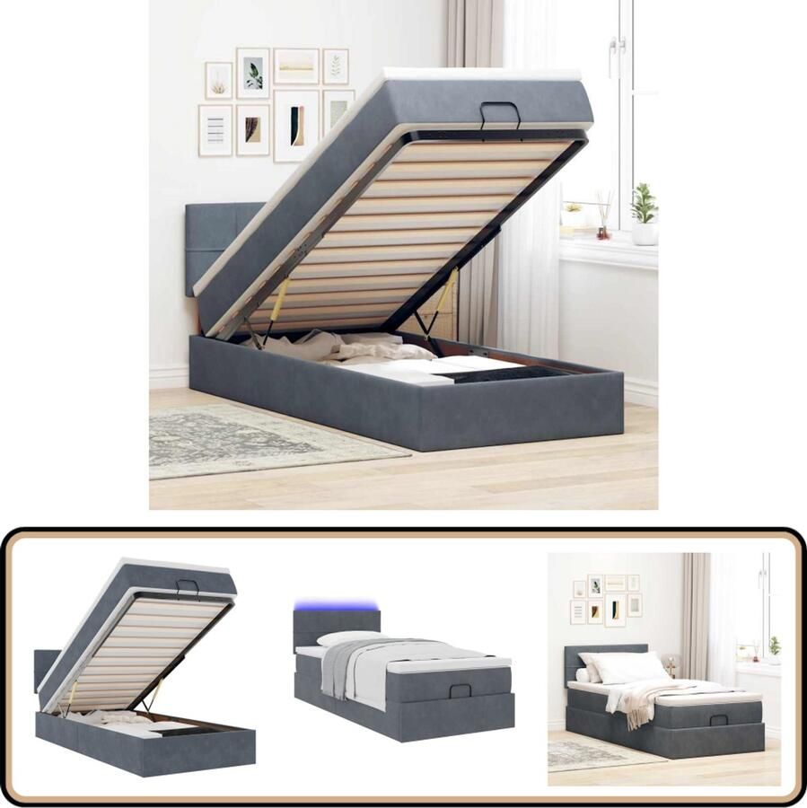 VidaXL Ottoman bed met matras en LED's 90x200cm Fluweel Bed Frame Boxspring Ottoman Bed Tweepersoonsbed Donkere Kleuren