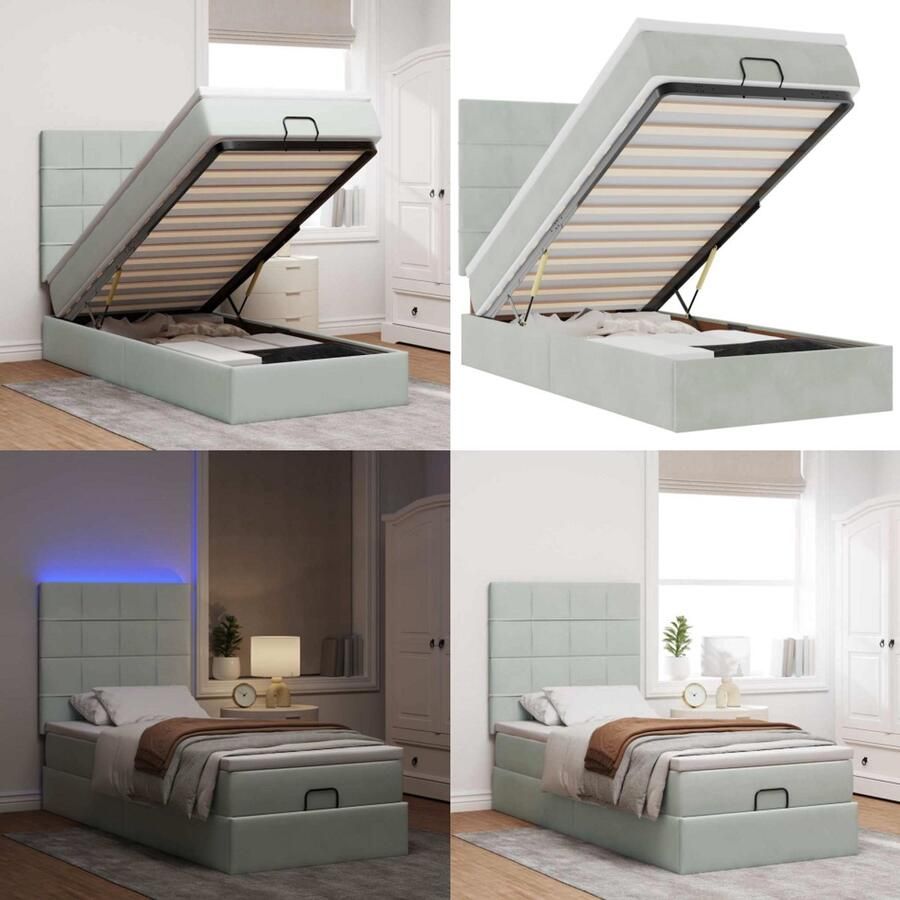 VidaXL Ottoman bed met matrassen en LED's 100x200cm fluweel lichtgrijs Ottomaanse Bed Ottomaanse Bedden Bedframe Met Opbergruimte
