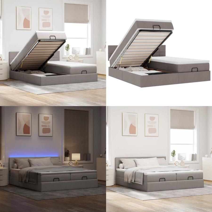 VidaXL Ottoman bed met matrassen en LED's 180x200cm stof taupe Ottomaanse Bed Ottomaanse Bedden Bedframe Met Opbergruimte