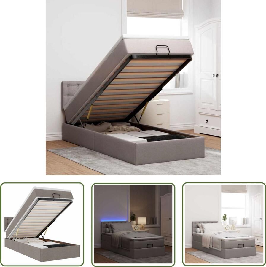 VidaXL Ottoman Boxspring Ottoman Bed Ottoman bed met matras en LED's 90x190cm stof taupe Stapelbed Tweepersoonsbed Bed Met Opbergruimte