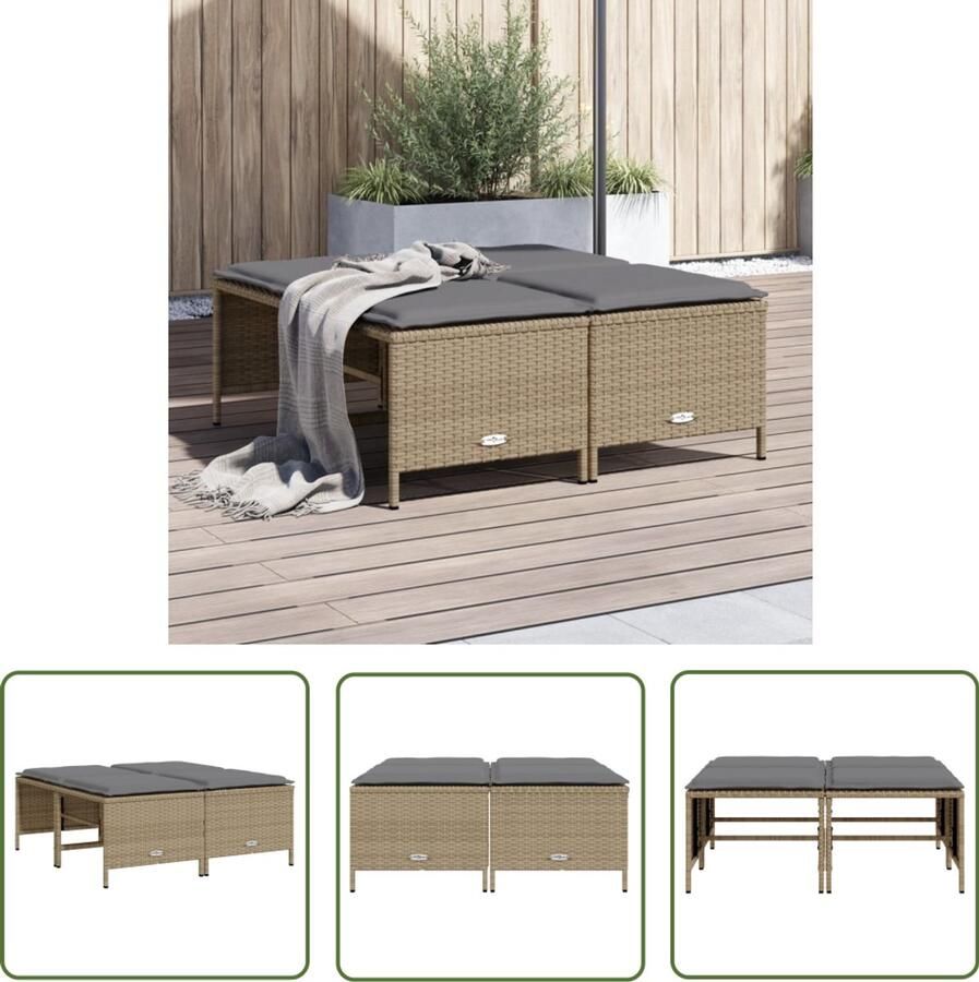 The Living Store Tuinkrukken met kussens 4 st poly rattan beige Tuinkrukken Outdoor Furniture Lounge Stoel Patio Set Garden Chairs
