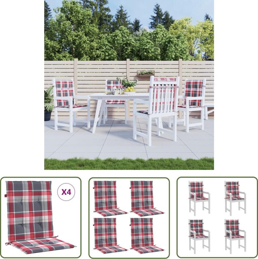 The Living Store Tuinstoelkussens 4 st 100x50x3 cm oxford stof ruitpatroon rood Tuinstoel Kussentjes Outdoor Kussens Lounge Kussens Balkon Kussens Rood Kussen